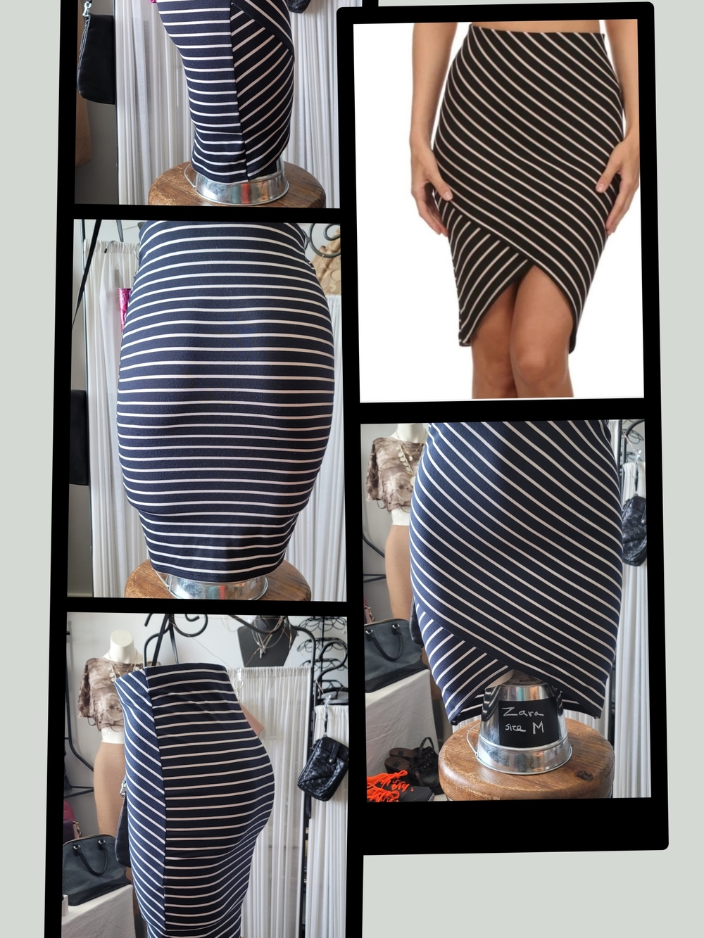 Zara Striped Pencil Skirt In Bluish/ Black and White Elastic Waist Size M